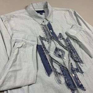 Lucky Brand‎ Light Wash Denim Customized Patch Shirt Mens XL Blue Chambray